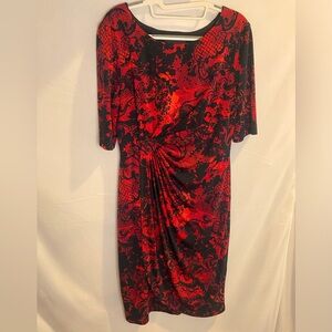 Black & Red Ruched 12 Draped Dress Business Work Knee Length Paisley Patterned